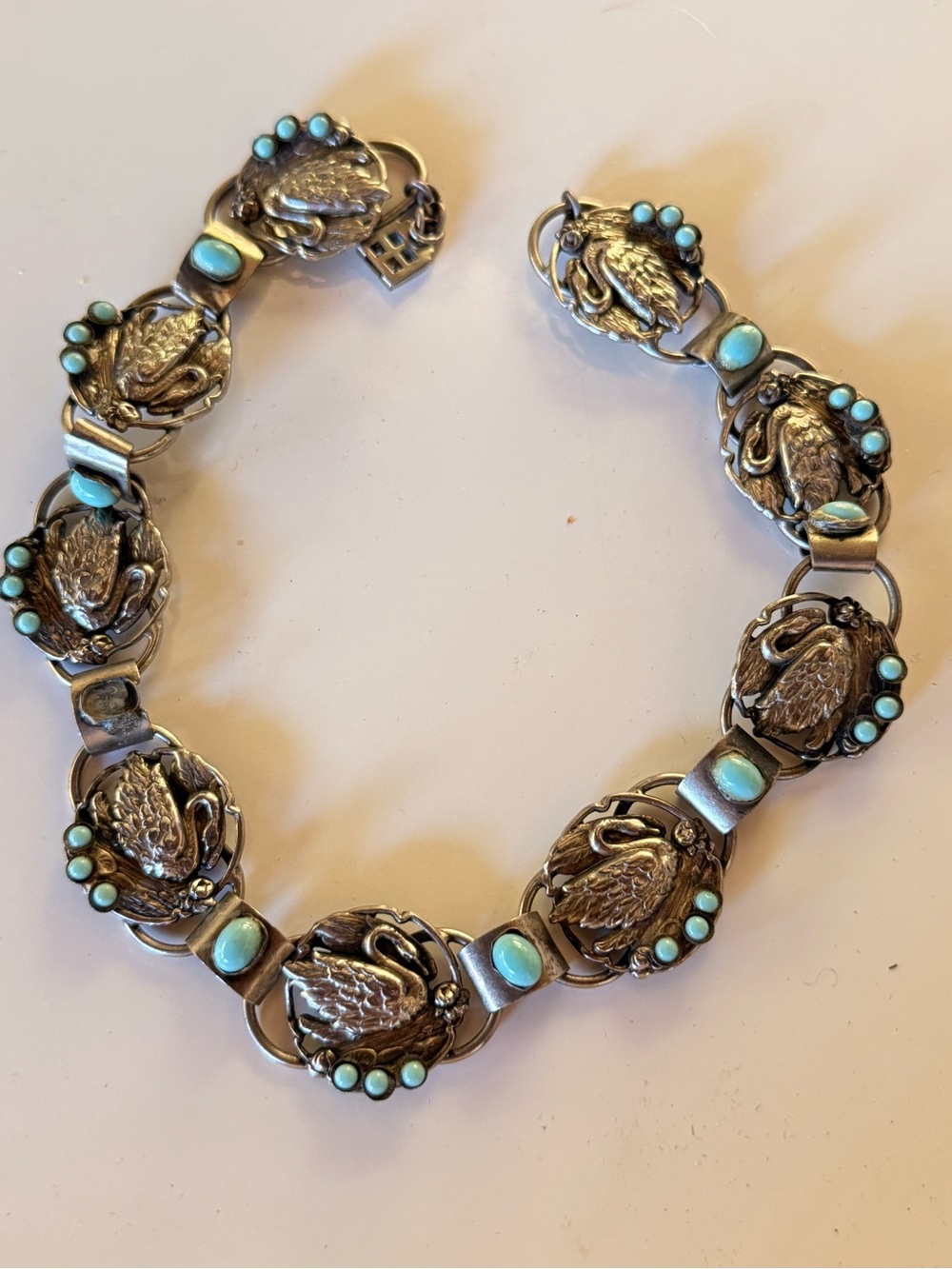 Turquoise Accent Vintage Style Silver Swan Link Necklace - Women Jewelry